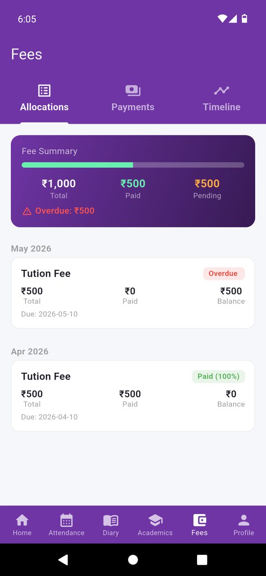 EduGradUP parent app fee screen with total, paid and pending amounts and month-wise tuition fee breakup
