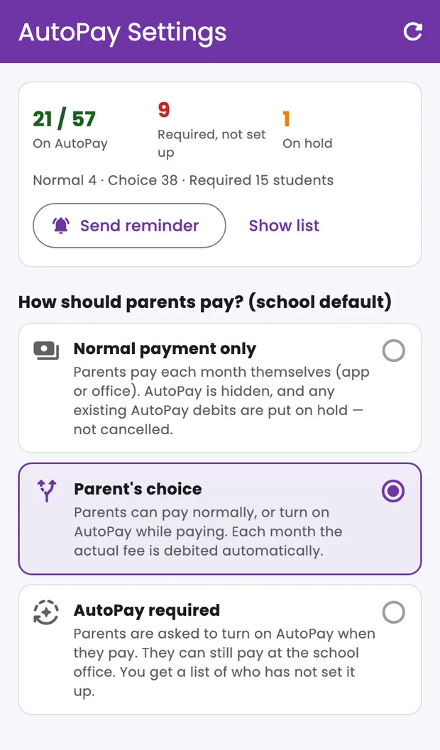 EduGradUP AutoPay Settings screen — coverage and the three payment modes