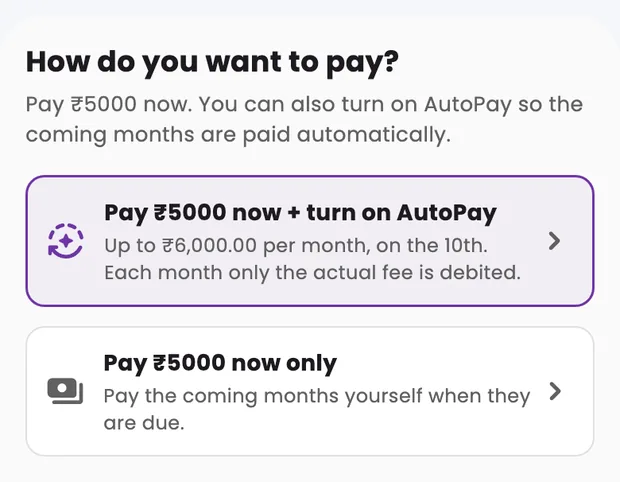 EduGradUP parent app — Pay now or Pay now plus turn on AutoPay