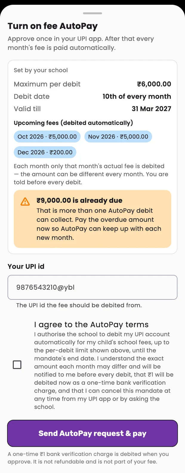 EduGradUP app — AutoPay set-up sheet with terms filled in by the school